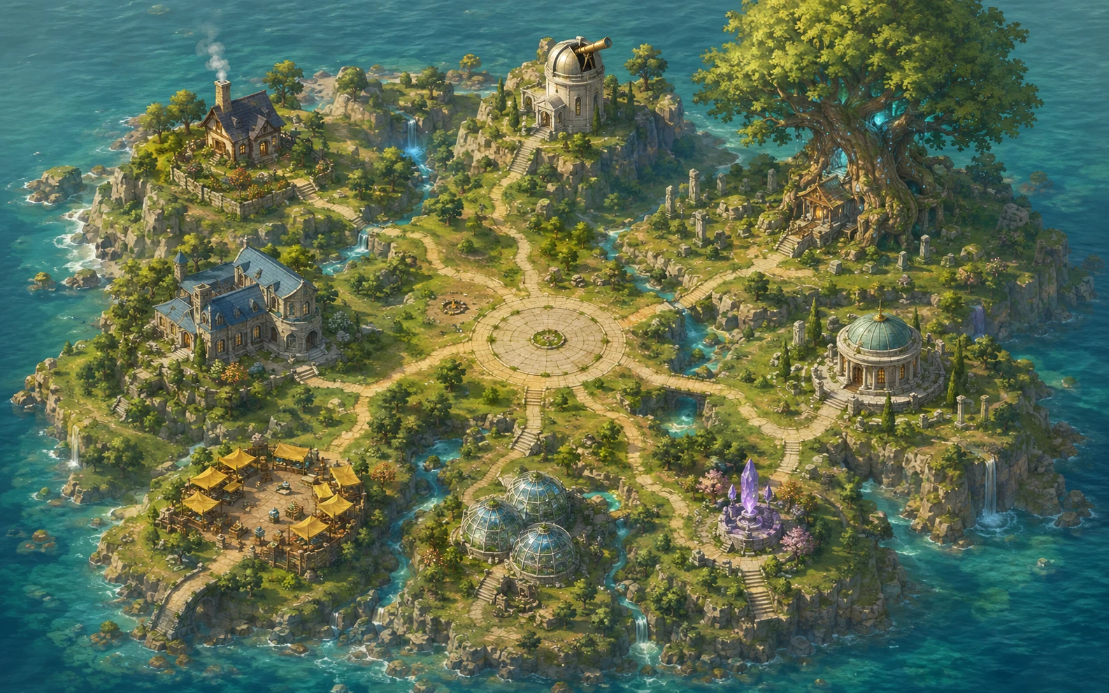 An island with cottages, gardens, an observatory and an ancient tree